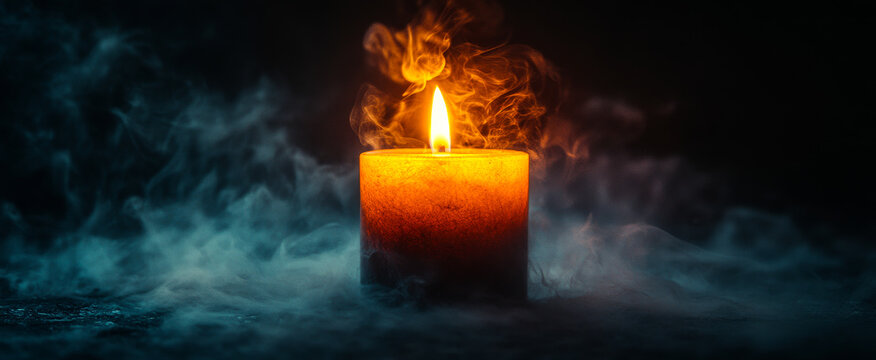 A candle is lit in a room with smoke. The smoke is thick and the candle is the only source of light. Scene is eerie and mysterious