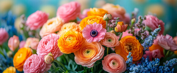A bouquet of flowers with a variety of colors including pink, orange, and blue. The flowers are arranged in a vase and are in full bloom. Concept of beauty and freshness
