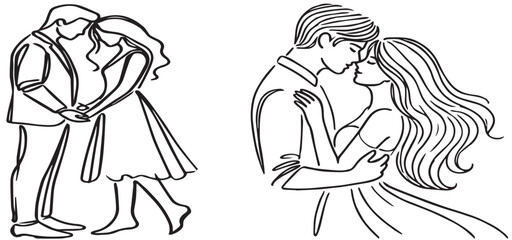 Valentines day romantic design. Woman and man hugs. Love of young couple, lovers. Continuous one line drawing  Vector illustration