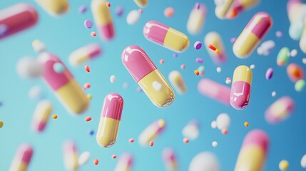 Colorful Capsules Falling Against A Blue Background