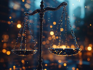 A digital illustration features a glowing pair of scales of justice overlaid on a blurry data center background, symbolizing digital law.