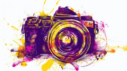 Colorful abstract illustration of a vintage camera with paint splatters.