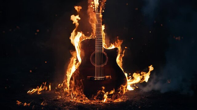 A fire burning from a guitar on black background, on fire performance music