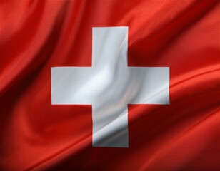 Top view of a Swiss flag on a white surface, featuring ample empty space for text