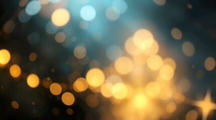 A de-focused abstract background featuring shimmering glitter lights in blue, gold, and black hues.
