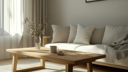 A minimalist Scandinavian living room featuring a wooden coffee table, clean-lined sofa, and soft neutral colors