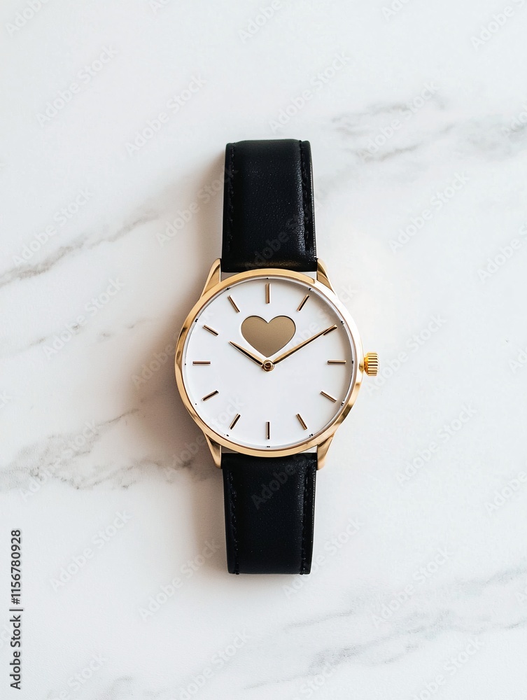 Wall mural A simple composition of a wristwatch with a heart symbol engraved on the dial, placed on a marble surface