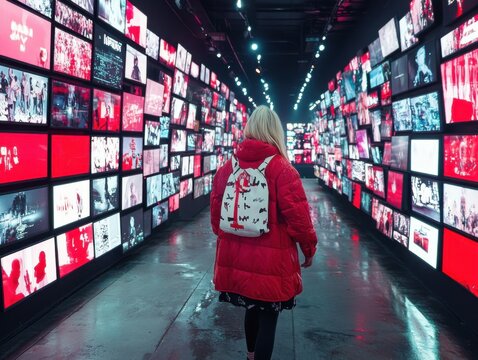 A person in a red coat and backpack walks through a tunnel lined with vibrant red and white multimedia screens displaying various images. - Powered by Adobe