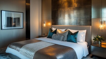 A modern bedroom with sleek metallic details, bold accent lighting, and soft textiles