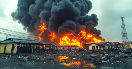 A fire is burning in a village, with a lot of smoke and fire. The fire is very large and is destroying the buildings