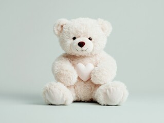 Fototapeta premium A fluffy, cute teddy bear is sitting and holding a white heart. The background is a soft pastel color, creating a warm and cozy atmosphere.