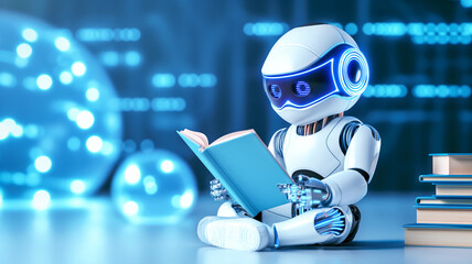 Little robot sits on floor next to stack of books and reads book on blue, digital background in futuristic environment. Artificial Intelligence Learning Concept