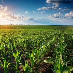 Green corn maize plants on a field. Agricultural landscape