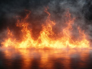 A vivid scene of bright, fiery flames and sparks against a dark smoky background, reflecting on a surface, creating a dramatic and intense atmosphere.