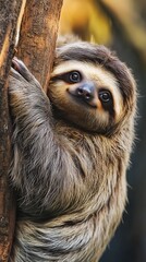 Adorable sloth clinging to a tree, showcasing its calm expression and textured fur.