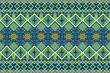 Abstract geometric design of ethnic rugs, fabric, clothing, rugs, vector illustrations, embroidery style, seamless, and wallpaper.