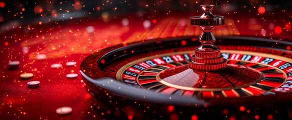 Obraz premium A red and black roulette wheel is placed on a red table. The table is covered in red and black chips, giving the impression of a lively casino scene
