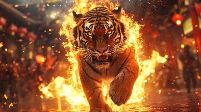 A tiger performing a fire dance in a glowing New Year carnival