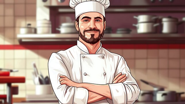 Confidently Smiling Chef, Digital Illustration, Restaurant Kitchen Setting. AI Generated