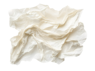 A crumpled piece of white paper isolated on a white background, png transparent, showcasing texture and irregular folds.