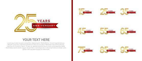 logo anniversary set. gold color with red ribbon on white background for special event
