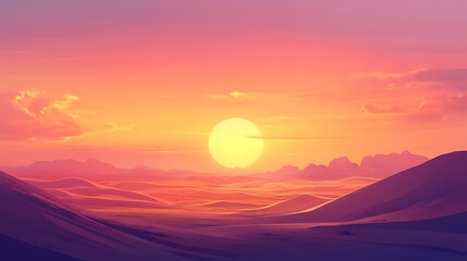 Stunning Digital Painting: Vibrant Sunset Descends Over Serene Desert Landscape. AI Generated
