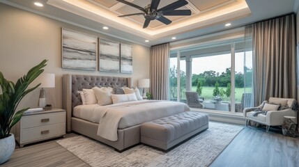 A peaceful master suite with ambient ceiling lighting, plush bedding, and a relaxing modern design