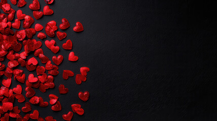 Valentine theme, Scattered red hearts on black background create romantic atmosphere