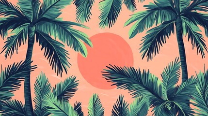 Vibrant Tropical Illustration: Palm Trees Silhouetted Against a Sunset Glow. AI Generated