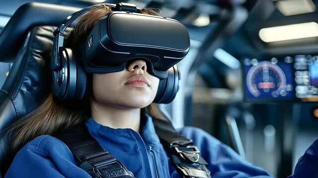 A pilot in a training environment using VR goggles, the simulated cockpit visuals blending seamlessly with the physical controls