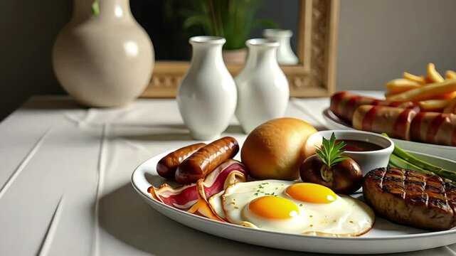 a styled food video layout featuring two plates of breakfast dishes on a light-colored tablecloth