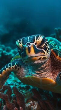 Close-up of a sea turtle underwater, showcasing its intricate shell patterns and serene expression.