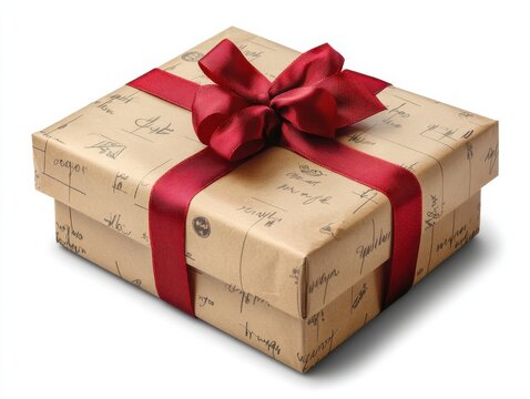 A beautifully wrapped gift box with elegant script paper and a prominent red ribbon, isolated on a white background, evokes feelings of celebration.