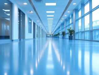 Obraz premium A modern office hallway with a shiny blue floor and large windows, letting in ample natural light. Potted plants add a touch of greenery.