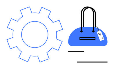 Gear icon next to a stylish handbag with a price tag. Ideal for e-commerce, retail, product management, shopping apps, pricing strategies, technology in retail, digital marketing. Line metaphor