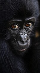 Obraz premium Close-up of a young gorilla with curious eyes, highlighting its expressive and delicate features.