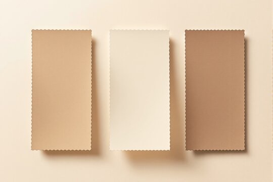 Three rectangular paper cards with scalloped edges displayed on a beige background, showcasing a minimalistic design template concept. Ai generative