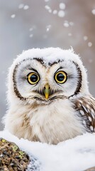 Naklejka premium Close-up of a snowy owl with wide yellow eyes, surrounded by snowflakes and detailed feathers.