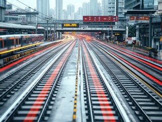 Motion blur on a busy urban highway captures the dynamic hustle of city life with streaking red and white lights against a backdrop of skyscrapers.