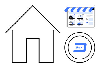 Black house outline, online store window with shopping items, large white circular buy button. Ideal for e-commerce, online shopping, real estate, digital marketing, retail industry, web design