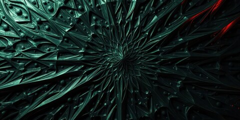 Fototapeta premium Intricate dark green and black metallic fractal pattern, sharp angles, technological textures, background, texture