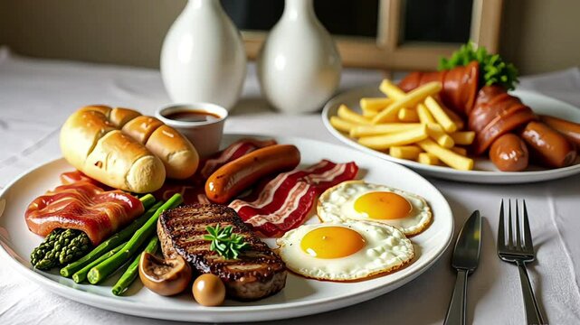 a styled food video layout featuring two plates of breakfast dishes on a light-colored tablecloth
