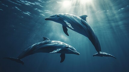 Fototapeta premium A pair of dolphins leaping together under a glowing New Year moon