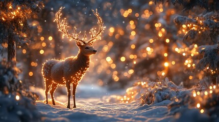 A deer standing in a snowy forest, lit by glowing New Year decorations
