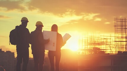 Fototapeta premium Architects reviewing blueprints at sunset construction site