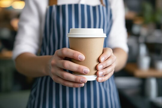 Hands holding a blank kraft coffee cup with lid, person wearing striped apron, blurred café background, concept for branding or design. Ai generative