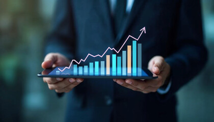 Tablet in the hands of a businessman showing stock bar graphs and market economic statistics showing profit growth. Vertical image