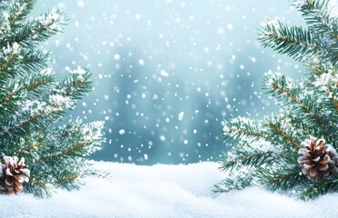 Serene Winter Wonderland Scene with Soft Snowfall, Pine Tree Branches, and Gentle Snow-Covered Ground Creating a Peaceful Holiday Atmosphere