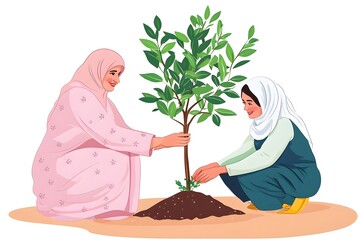 Two women are planting a tree together