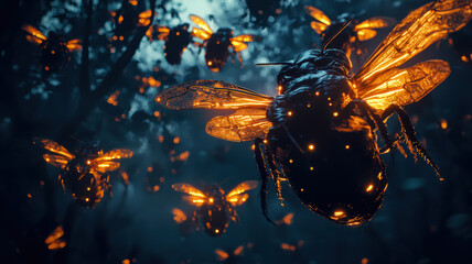 A swarm of gargantuan insects hovers ominously over a darkened forest, their glowing wings pulsating with light and menacing eyes scanning the surroundings, creating an unsettling atmosphere.